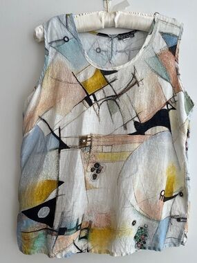 DOLCEZZA Simply Art Sleeveless Pullover 100% Linen Blouse Abstract Artsy Summer